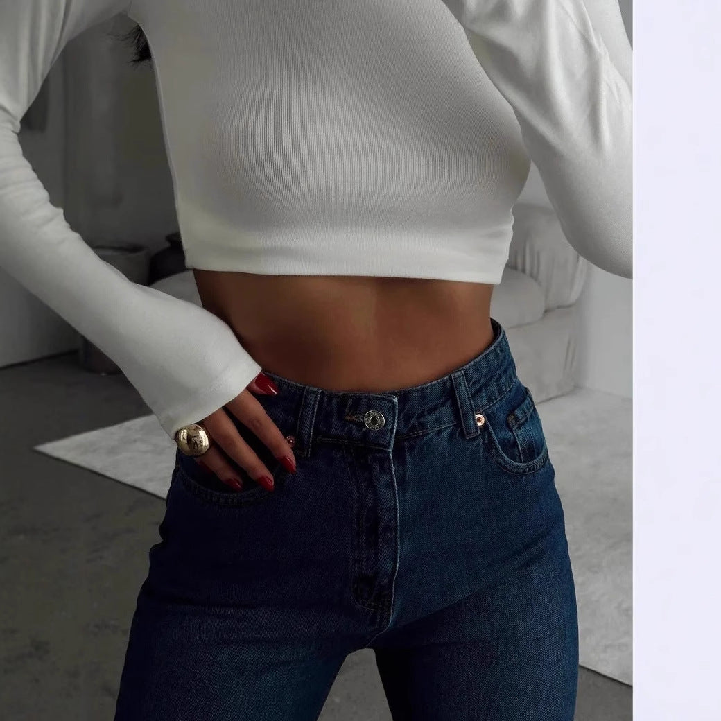 Solid Slim Fit High Neck Cropped Top