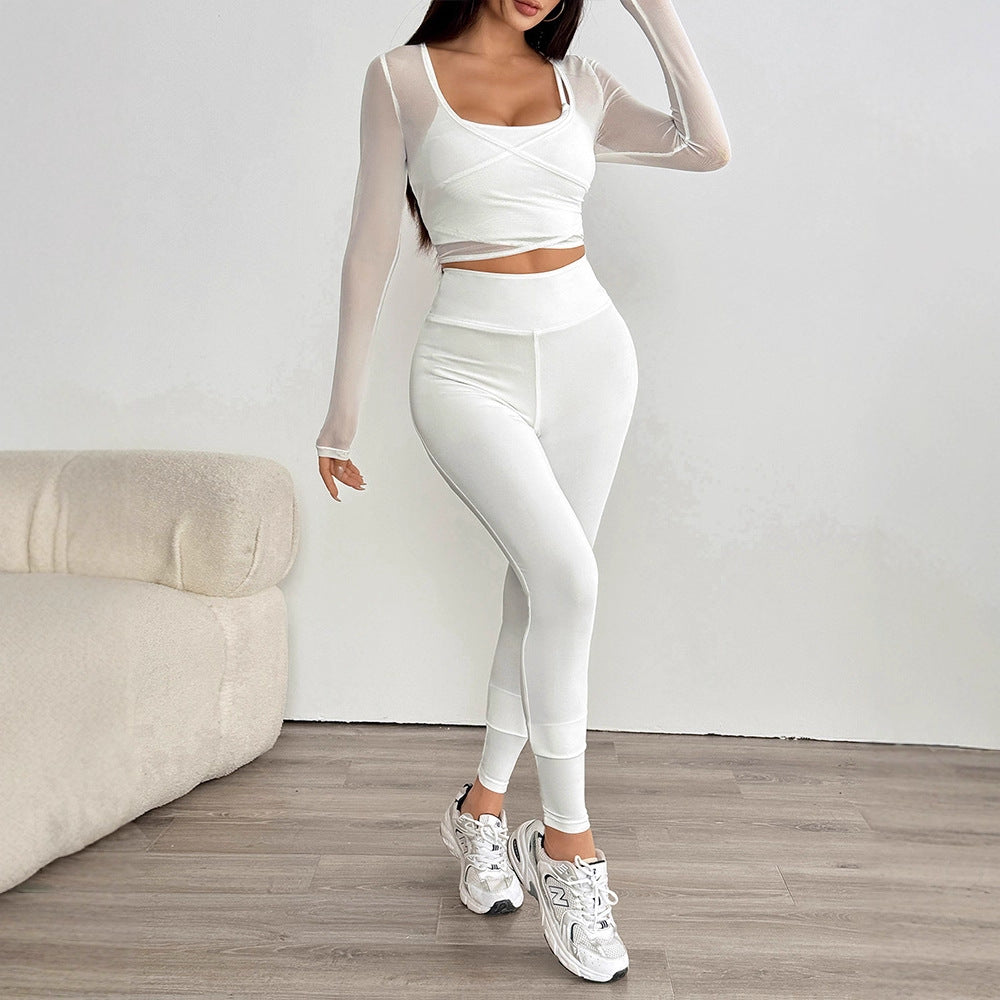 Solid Color Activewear Set with Mesh Crop Top and High-Waist Leggings