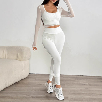 Solid Color Activewear Set with Mesh Crop Top and High-Waist Leggings