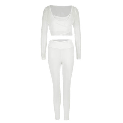 Solid Color Activewear Set with Mesh Crop Top and High-Waist Leggings