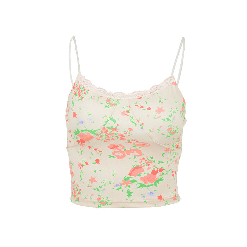 Floral Cropped Cami Top with V-Neck and Lace Trim