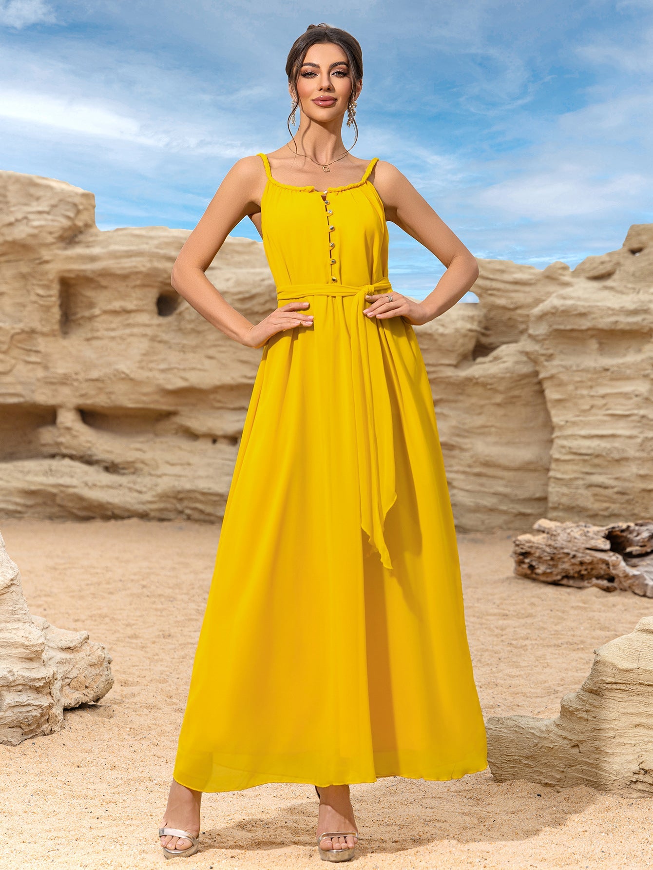 Maxi Dress with Spaghetti Straps and High Tie Waist