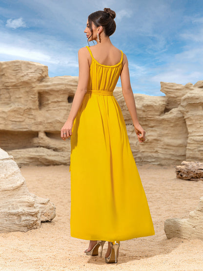 Maxi Dress with Spaghetti Straps and High Tie Waist