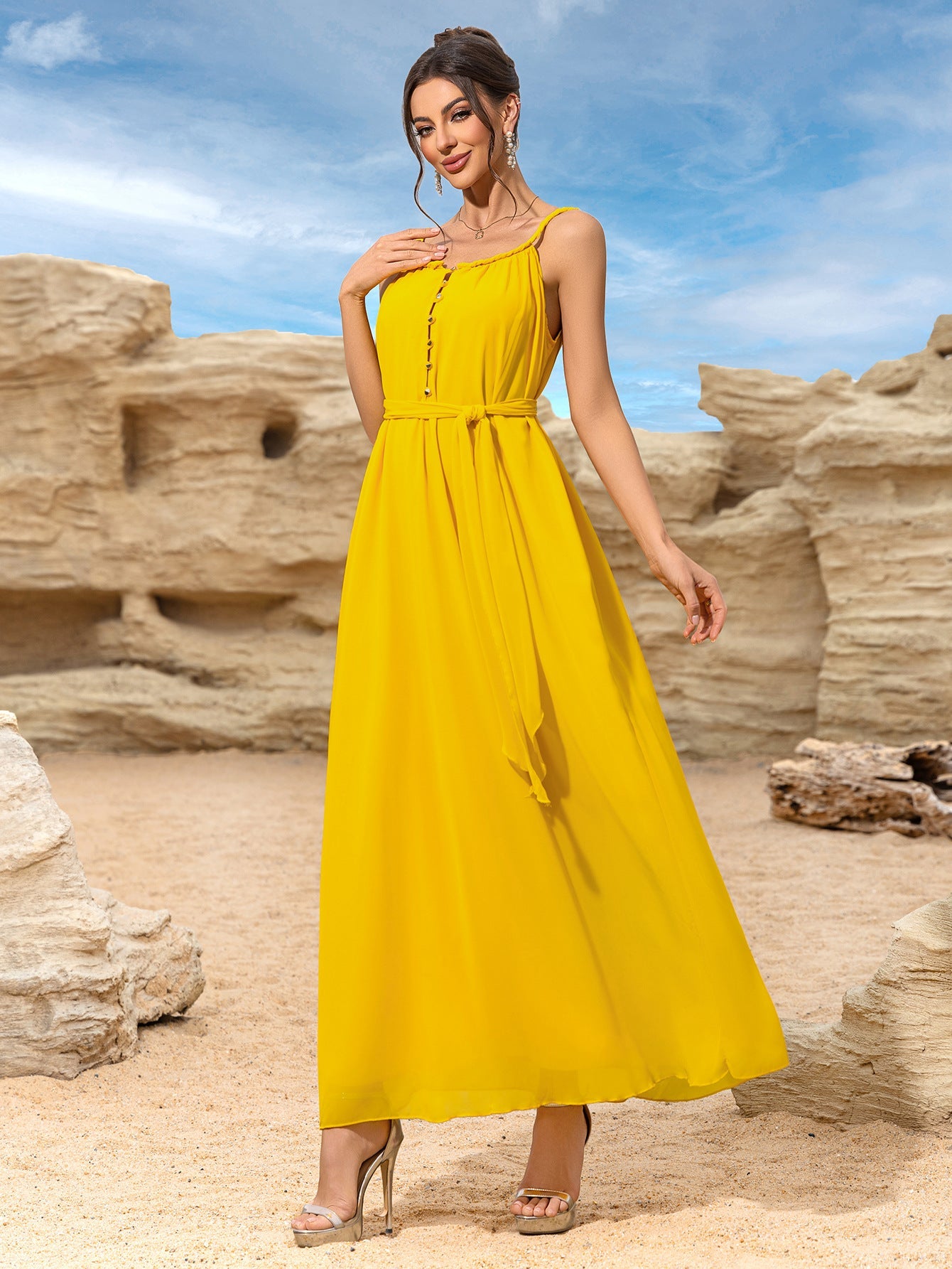 Maxi Dress with Spaghetti Straps and High Tie Waist