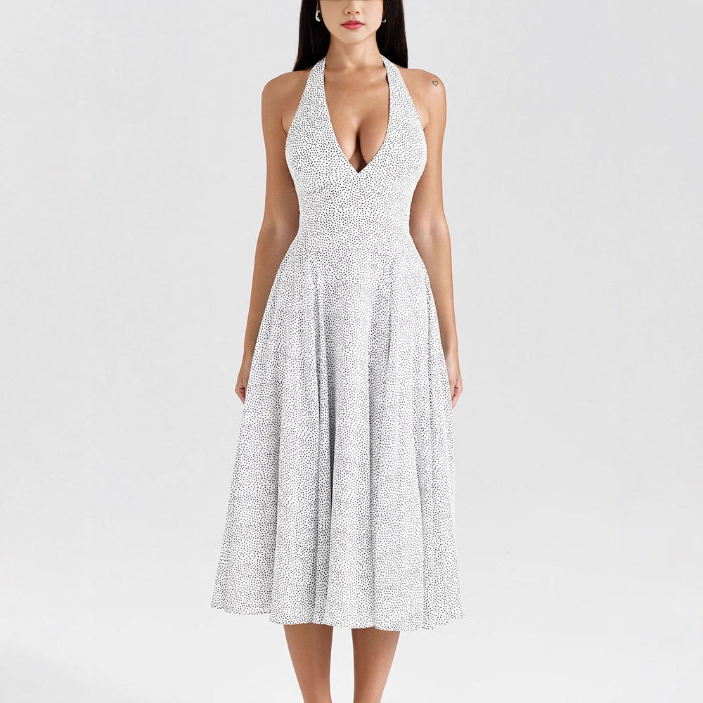 Polka Dot Halterneck A-Line Midi Dress with V-Neck