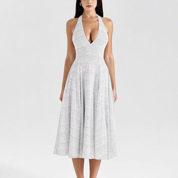 Polka Dot Halterneck A-Line Midi Dress with V-Neck