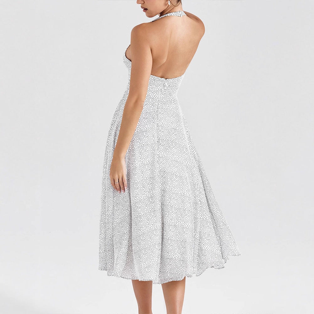 Polka Dot Halterneck A-Line Midi Dress with V-Neck