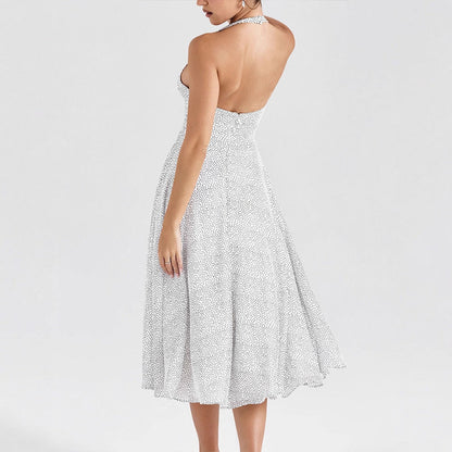 Polka Dot Halterneck A-Line Midi Dress with V-Neck