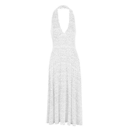 Polka Dot Halterneck A-Line Midi Dress with V-Neck