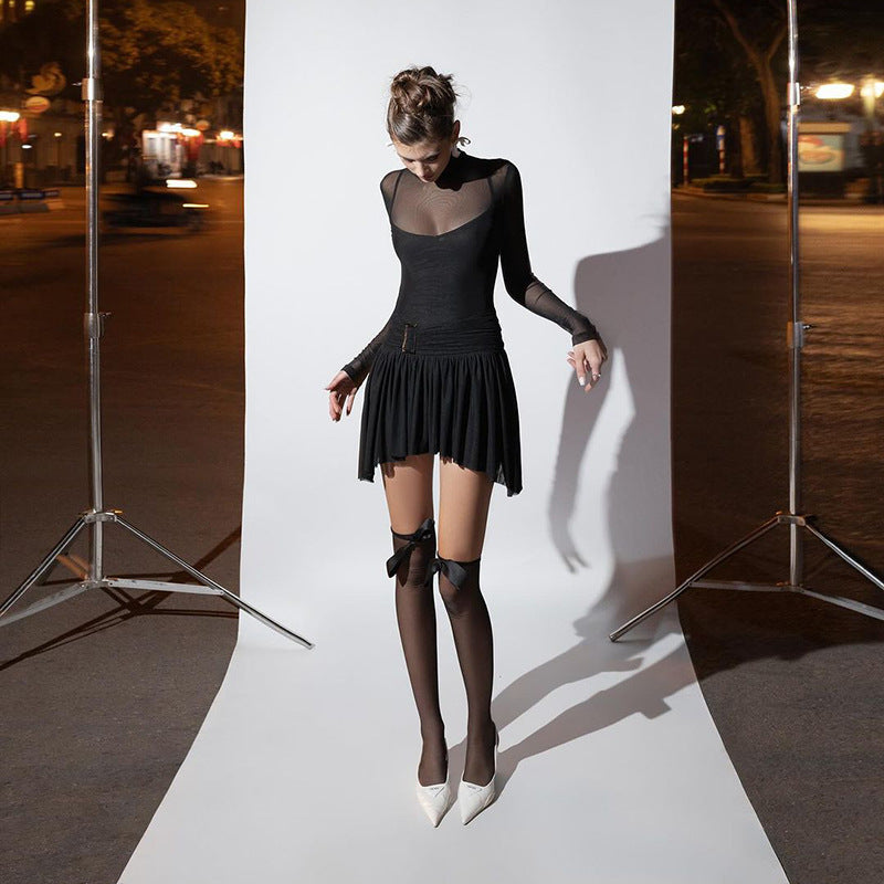 Solid Sheer Mesh Mini Dress with Mock Neck and Buckle
