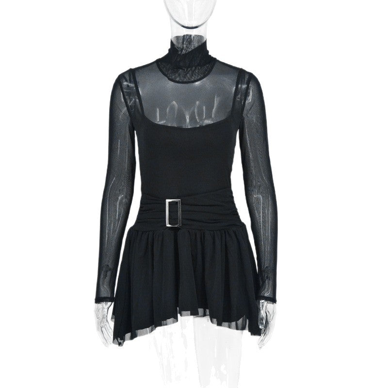 Solid Sheer Mesh Mini Dress with Mock Neck and Buckle