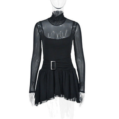 Solid Sheer Mesh Mini Dress with Mock Neck and Buckle