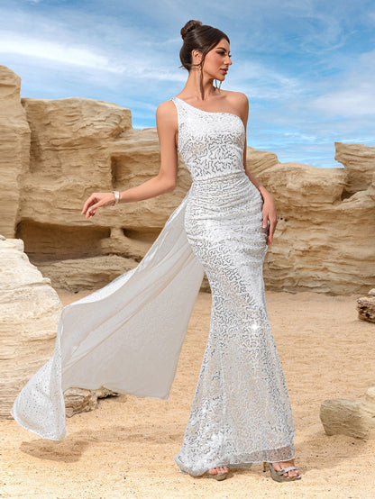 Sequined Mermaid Gown with One-Shoulder, Open Back, and Train