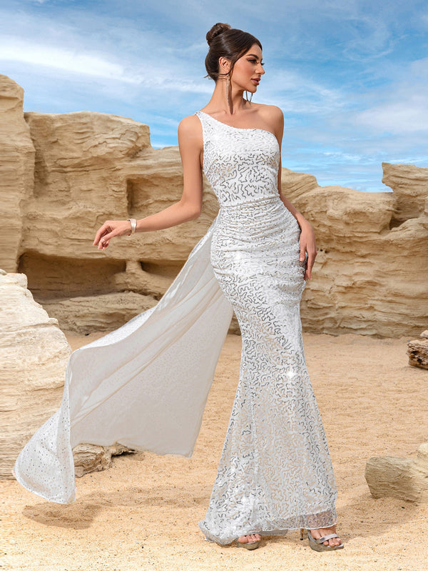 Sequined Mermaid Gown with One-Shoulder, Open Back, and Train