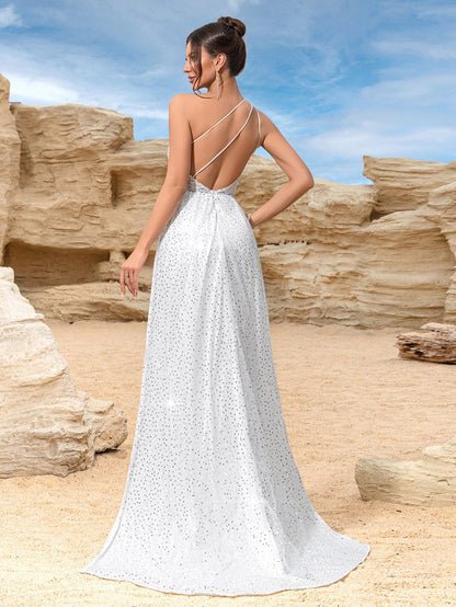 Sequined Mermaid Gown with One-Shoulder, Open Back, and Train