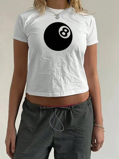8-Ball Print Slim Fit Cropped T-Shirt with Crewneck