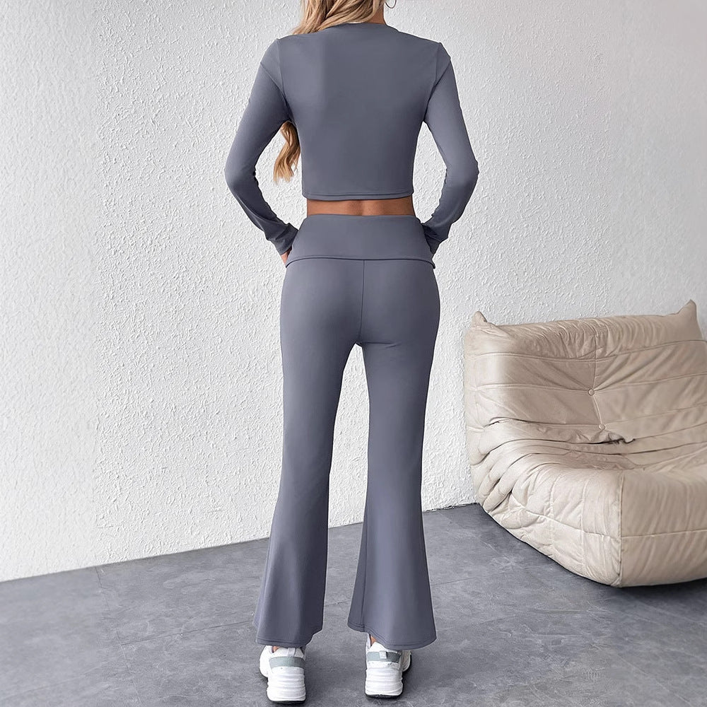 Long-Sleeve Cropped Top and High-Waist Flared Pants Set
