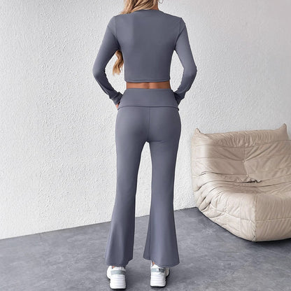 Long-Sleeve Cropped Top and High-Waist Flared Pants Set