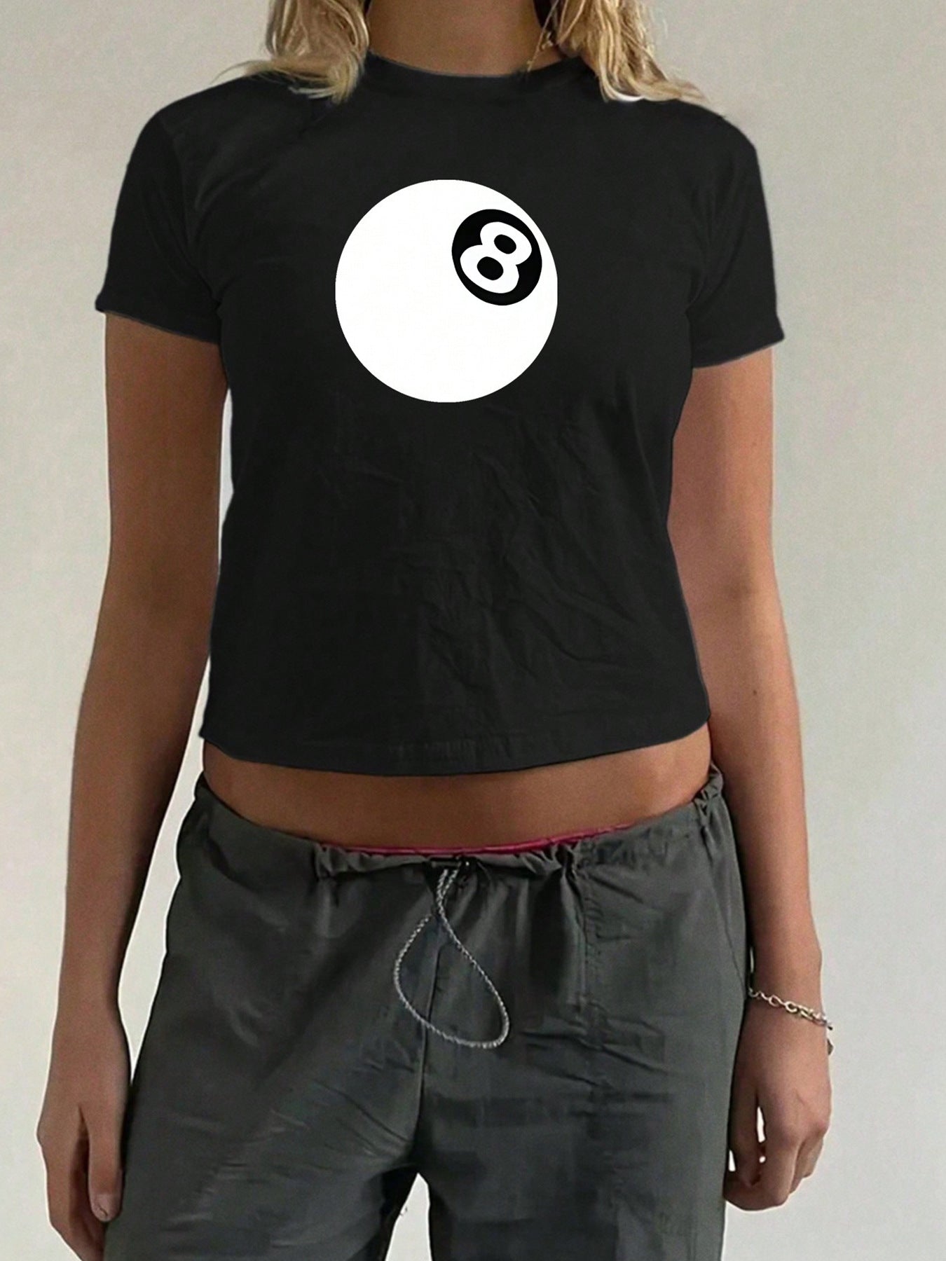 8-Ball Print Slim Fit Cropped T-Shirt with Crewneck
