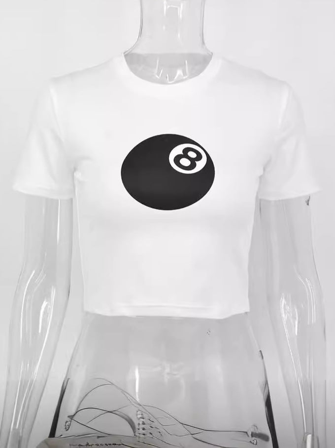 8-Ball Print Slim Fit Cropped T-Shirt with Crewneck