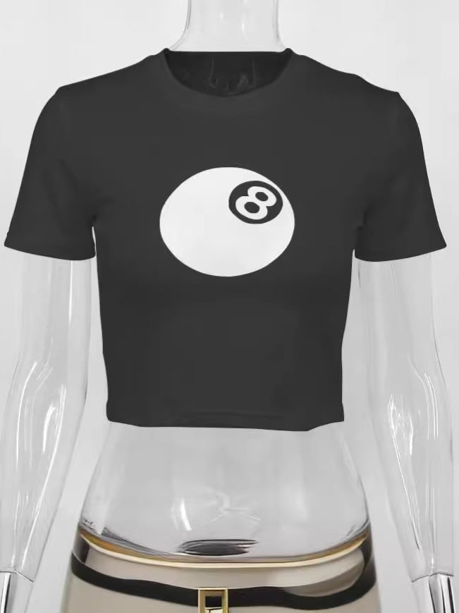 8-Ball Print Slim Fit Cropped T-Shirt with Crewneck
