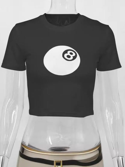 8-Ball Print Slim Fit Cropped T-Shirt with Crewneck