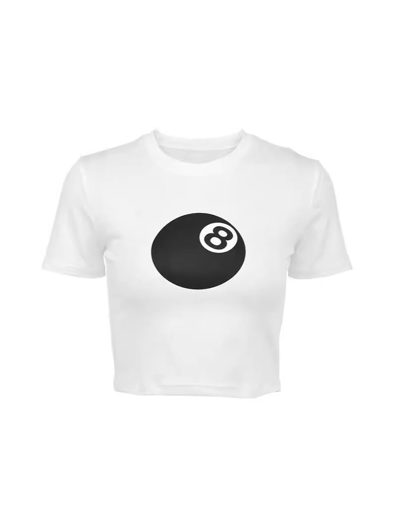 8-Ball Print Slim Fit Cropped T-Shirt with Crewneck