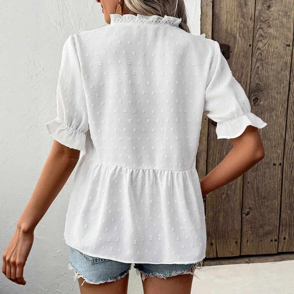 Dotted Peplum Blouse with Ruffle V-Neck and Ruffle Sleeves