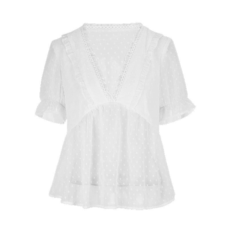Dotted Peplum Blouse with Ruffle V-Neck and Ruffle Sleeves