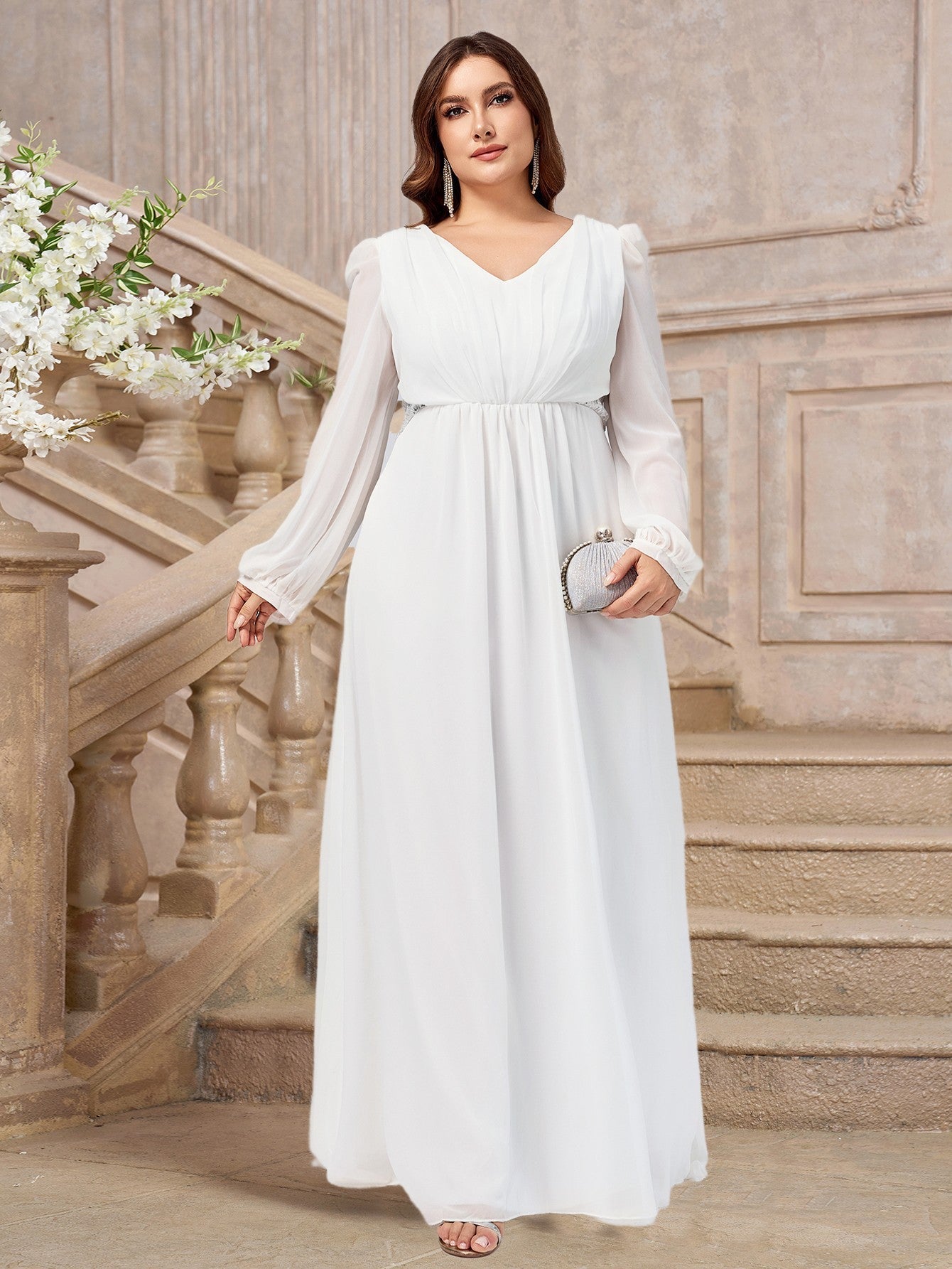 Plus Size Chiffon Maxi Dress with V-Neck and Empire Waist