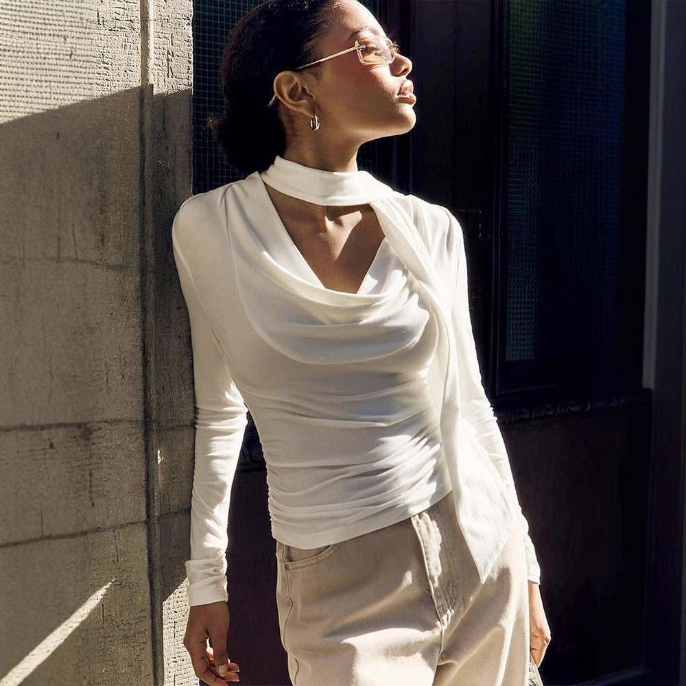 Solid Long Sleeve Top with Halter Neck, Cowl Neck & Ruched Detail