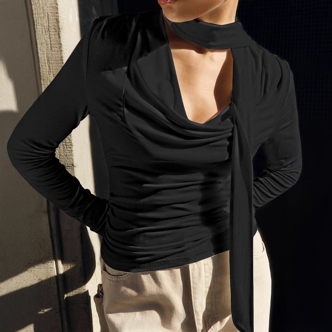 Solid Long Sleeve Top with Halter Neck, Cowl Neck & Ruched Detail