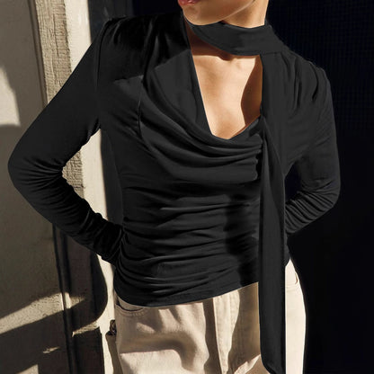 Solid Long Sleeve Top with Halter Neck, Cowl Neck & Ruched Detail