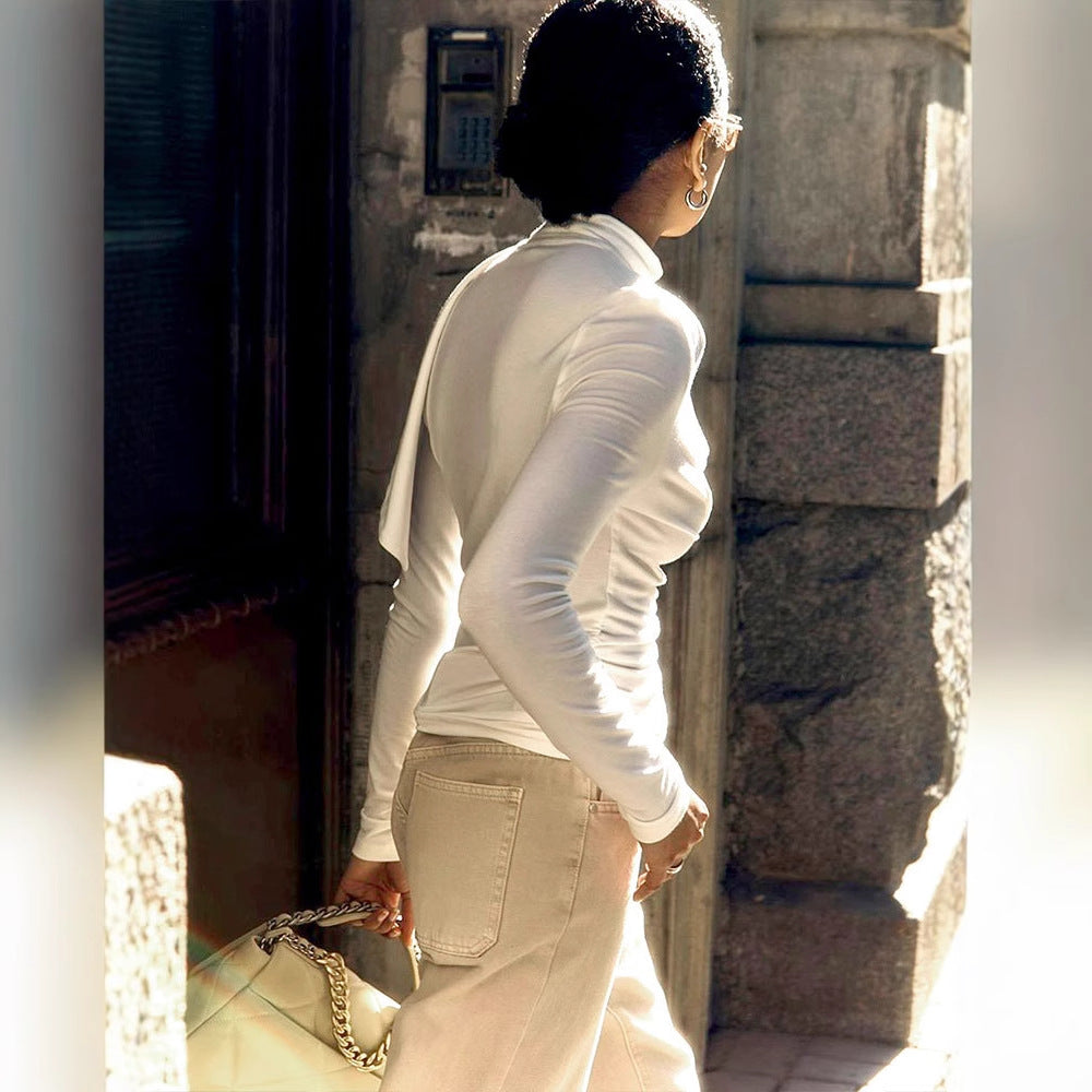 Solid Long Sleeve Top with Halter Neck, Cowl Neck & Ruched Detail