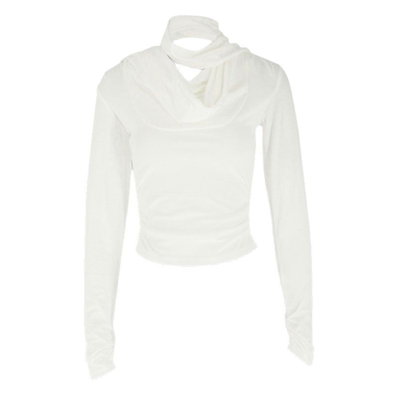 Solid Long Sleeve Top with Halter Neck, Cowl Neck & Ruched Detail