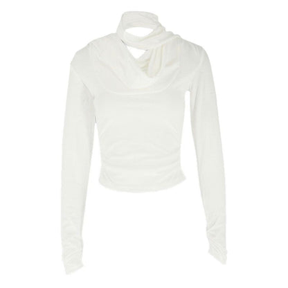 Solid Long Sleeve Top with Halter Neck, Cowl Neck & Ruched Detail