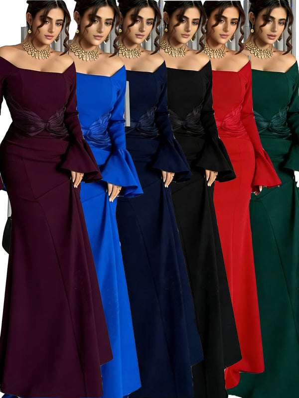 Off-Shoulder Maxi Dress with Bell Sleeves and Twisted Waist