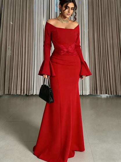 Off-Shoulder Maxi Dress with Bell Sleeves and Twisted Waist