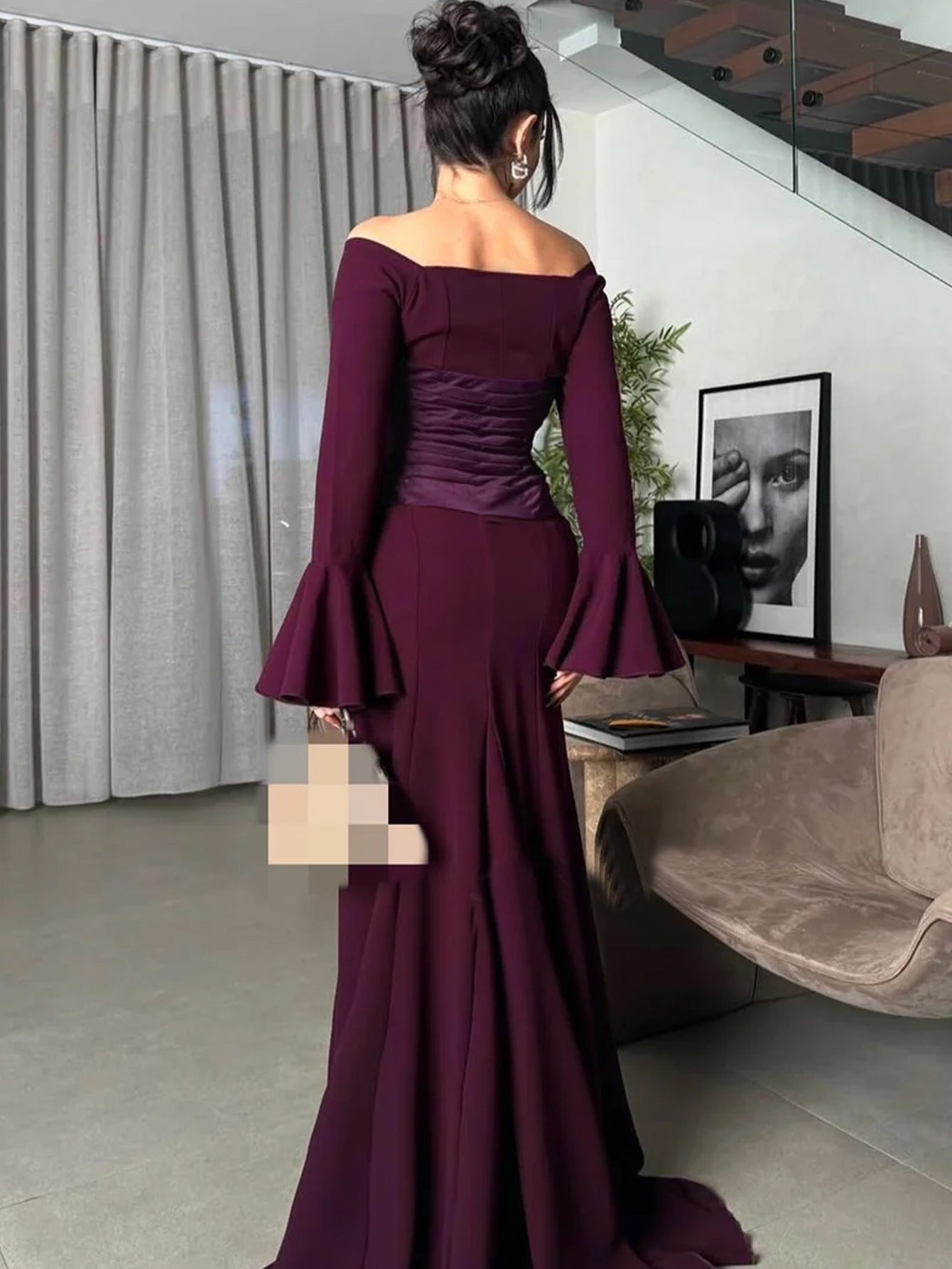Off-Shoulder Maxi Dress with Bell Sleeves and Twisted Waist