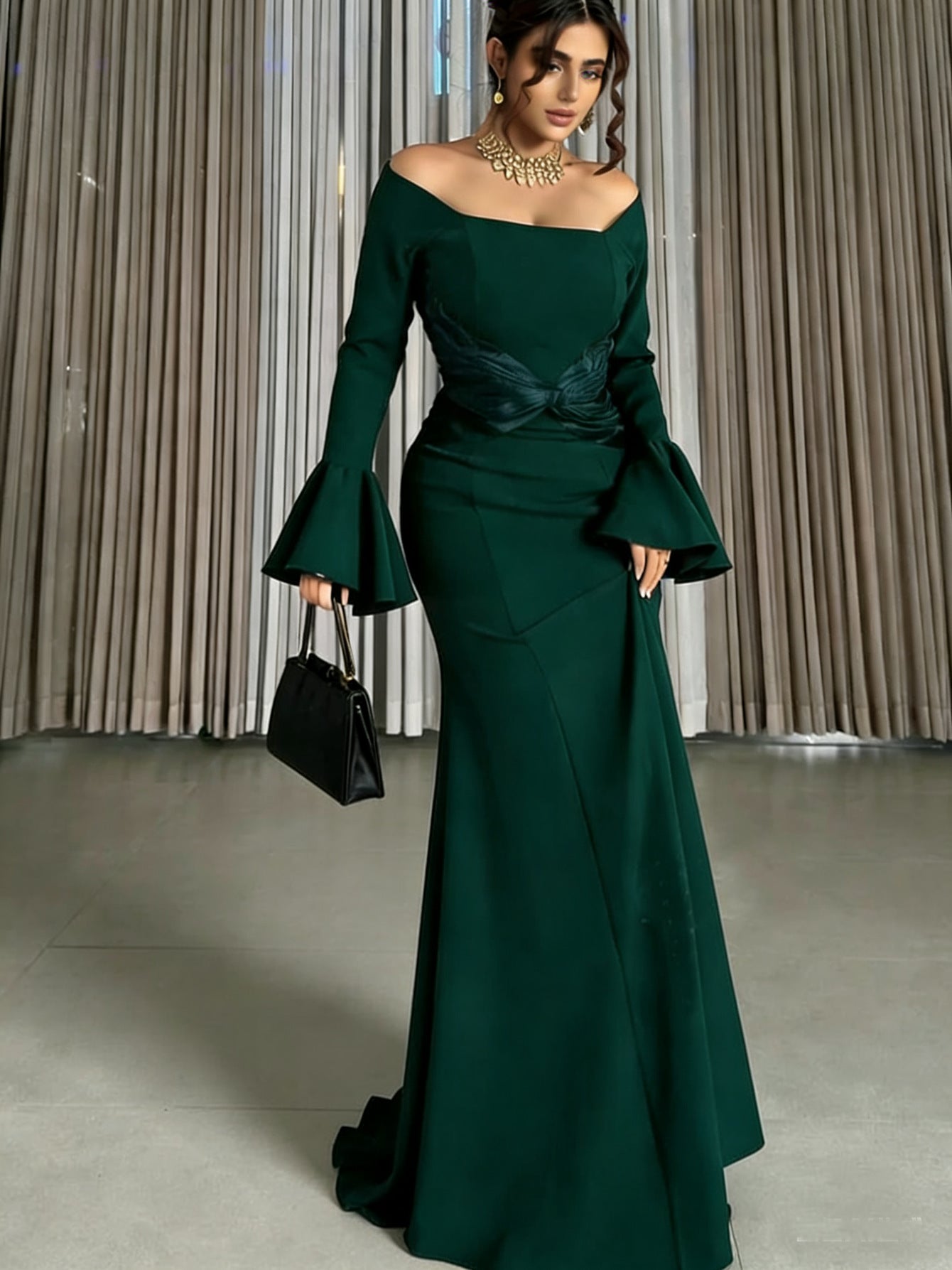 Off-Shoulder Maxi Dress with Bell Sleeves and Twisted Waist