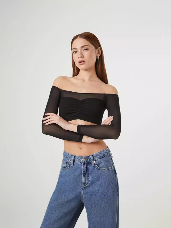 Off-Shoulder Crop Top with Sheer Long Sleeves and Ruched Front