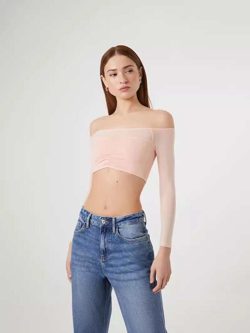 Off-Shoulder Crop Top with Sheer Long Sleeves and Ruched Front
