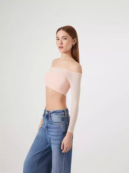 Off-Shoulder Crop Top with Sheer Long Sleeves and Ruched Front