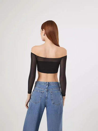 Off-Shoulder Crop Top with Sheer Long Sleeves and Ruched Front