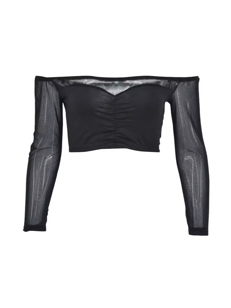Off-Shoulder Crop Top with Sheer Long Sleeves and Ruched Front