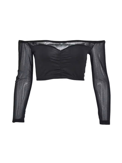 Off-Shoulder Crop Top with Sheer Long Sleeves and Ruched Front