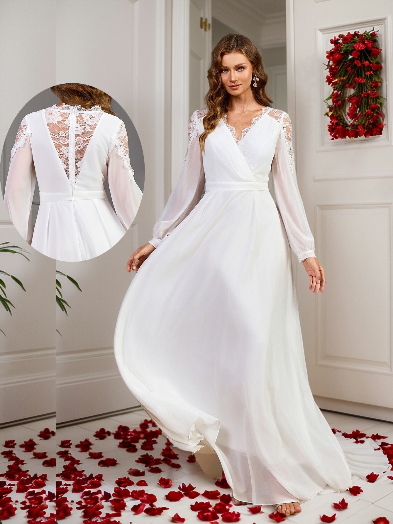 A-Line Chiffon Maxi Dress with Deep V-Neck and Lace Back