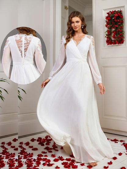A-Line Chiffon Maxi Dress with Deep V-Neck and Lace Back