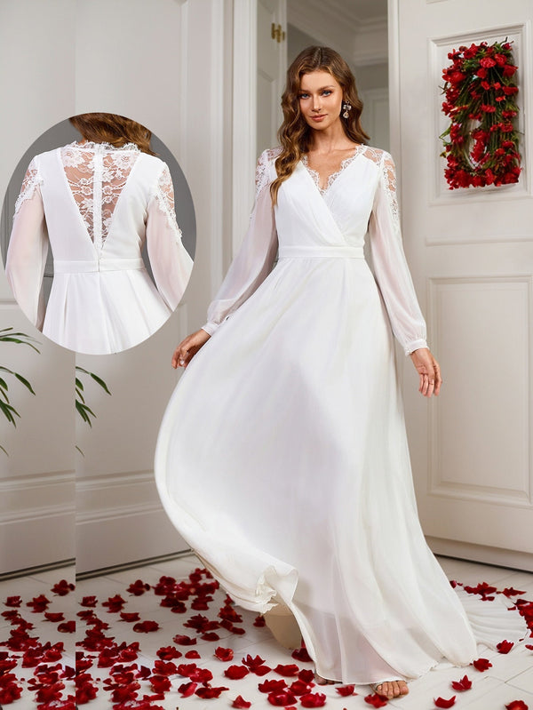 A-Line Chiffon Maxi Dress with Deep V-Neck and Lace Back