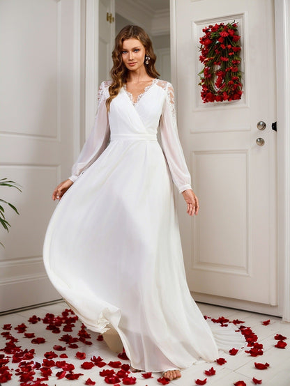 A-Line Chiffon Maxi Dress with Deep V-Neck and Lace Back